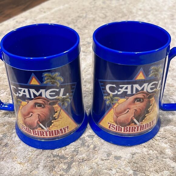 2 Vintage 1988 Joe Camel 75th Birthday Thermo Serv Mug Cup Cigarette Advertising - Picture 2 of 6